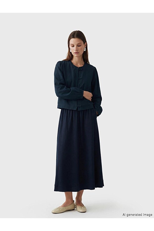 Elastic Waist Linen Blend Flared Skirt (S6)