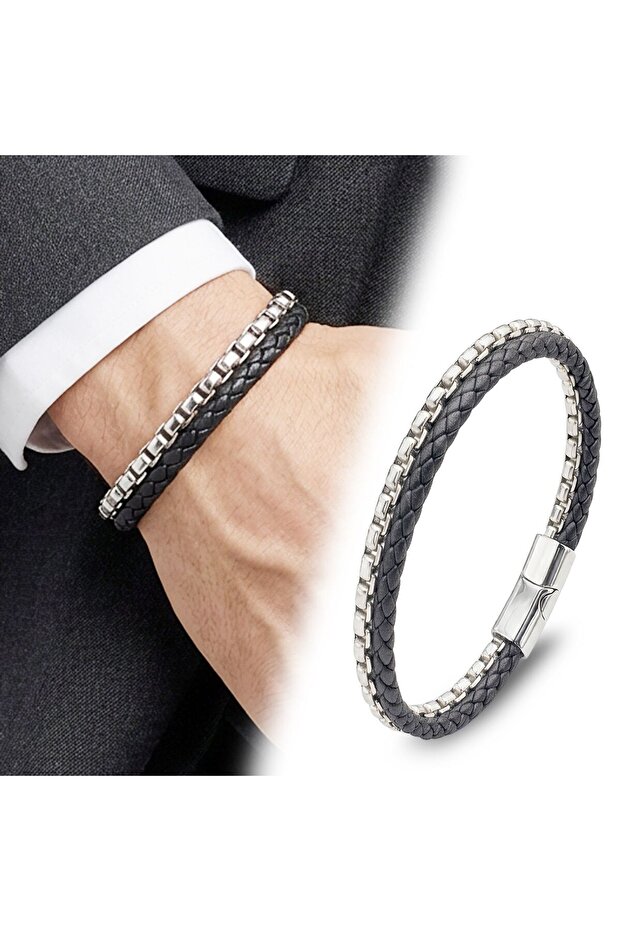 Double Leather and Steel Chain Bracelet 18394B16D1