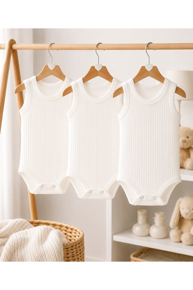 3 Pieces of Report Fabric Strap Baby Bodysuit 100% Cotton Newborn Baby Undershirt Bodysuit Ecru