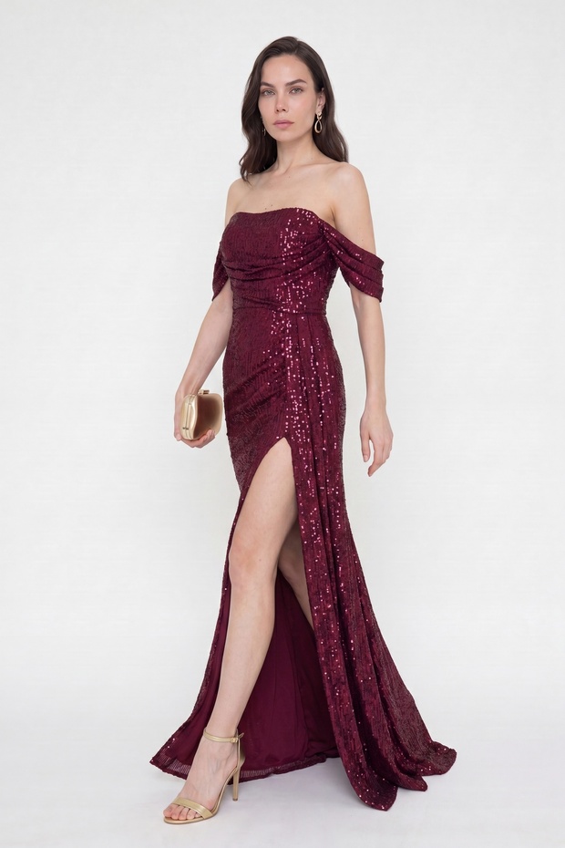 Women's Burgundy Boat Neck Tailed Long Promise Engagement Graduation Evening Dress