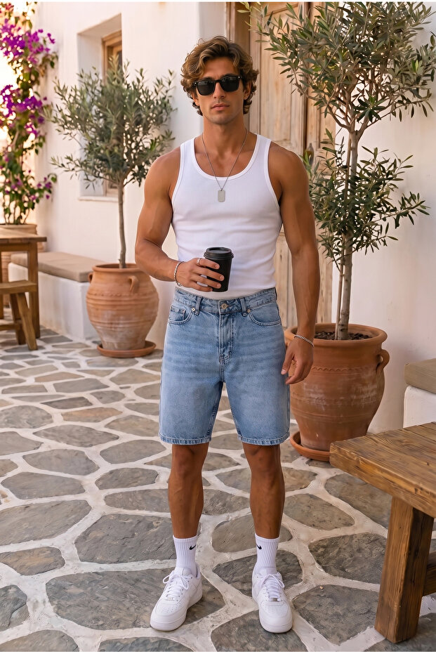 Men's Blue Denim Fabric Jean Shorts Ke-1198