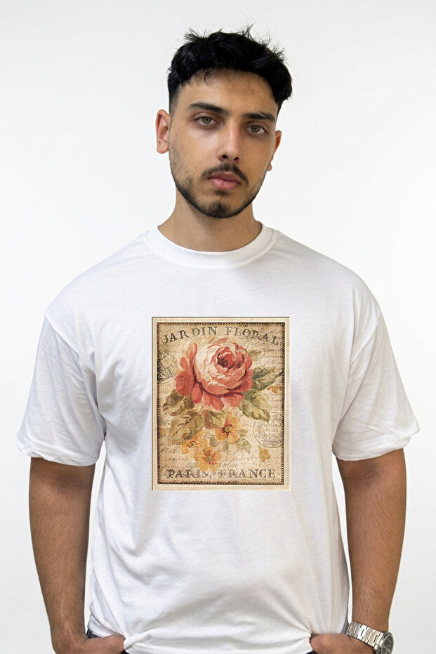 Jardin Floral Rose Design Printed Oversize White T-Shirt