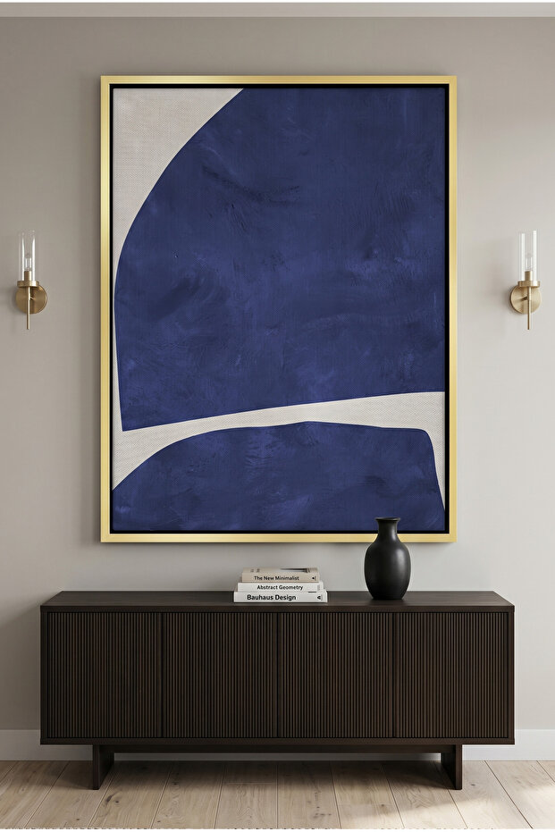 Modern Blue Curve Geometric Wall Art | Framed Canvas Print | Luxury Modern Decor for Living Room, Bedroom, Office & Gift