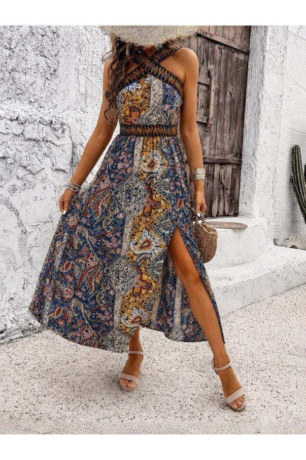 Women's Off-The-Shoulder Open Front Collar Cross Elastic Ethnic Patterned Slit Long Single Jersey Dress