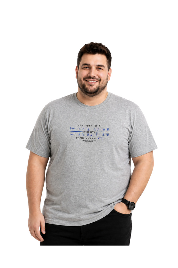 Men's Plus Size Melange Grey Crew Neck Short Sleeve Brooklyn T-Shirt 3Xl-4Xl-5Xl-6Xl