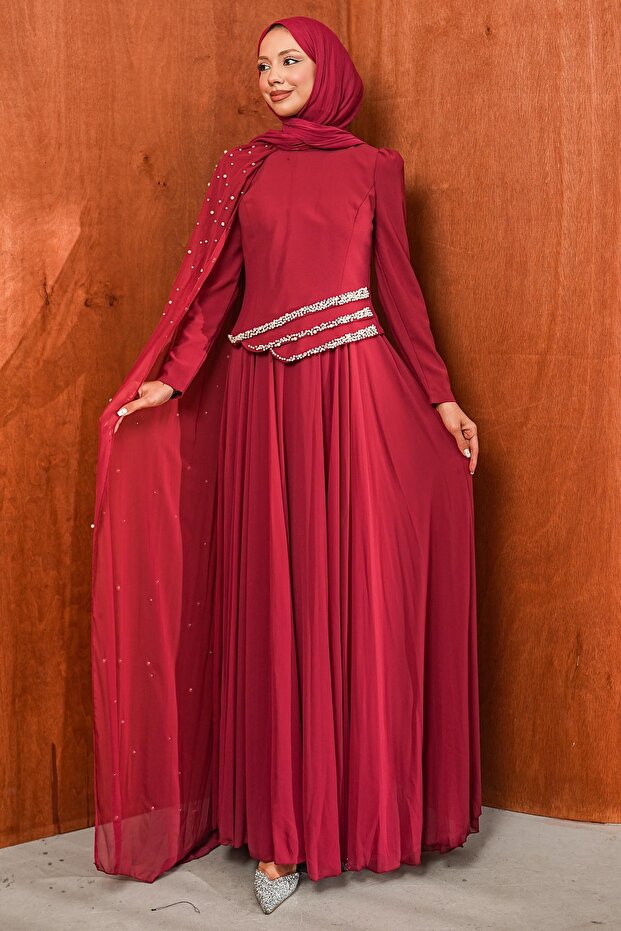 Burgundy Pearl Embroidered Cape Evening Dress