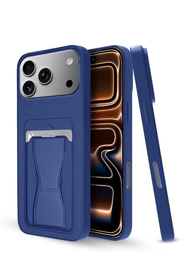 iPhone 17 Pro Max 5G 2025 Silicone TPU Case with Card Holder & Hand Grip - Navy Blue