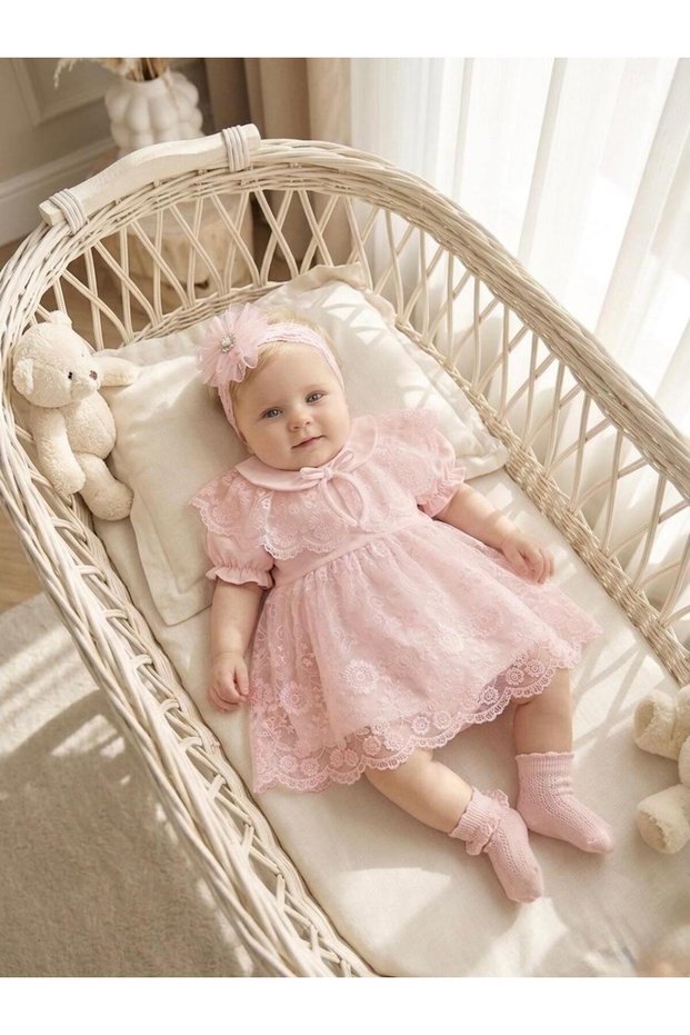 Baby Girl Mevlütlük Dress with Collar Bandana and Cape, Summer Lace Newborn Hospital Release Wedding Dress, 100% Cotton Evening Dress Mevlitlik 4032K