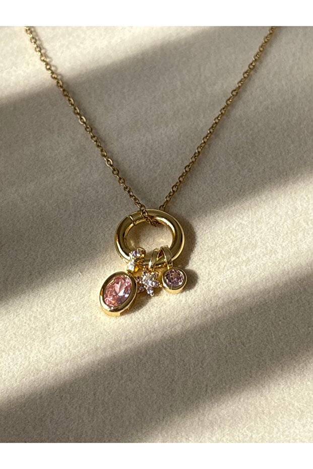 Pink Stone Charm Steel Necklace