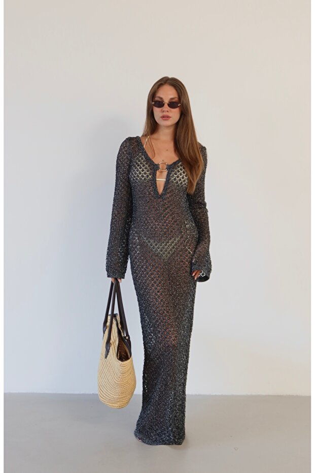 Women's Silvery Gold Buckle Detailed Openwork Beach Dress