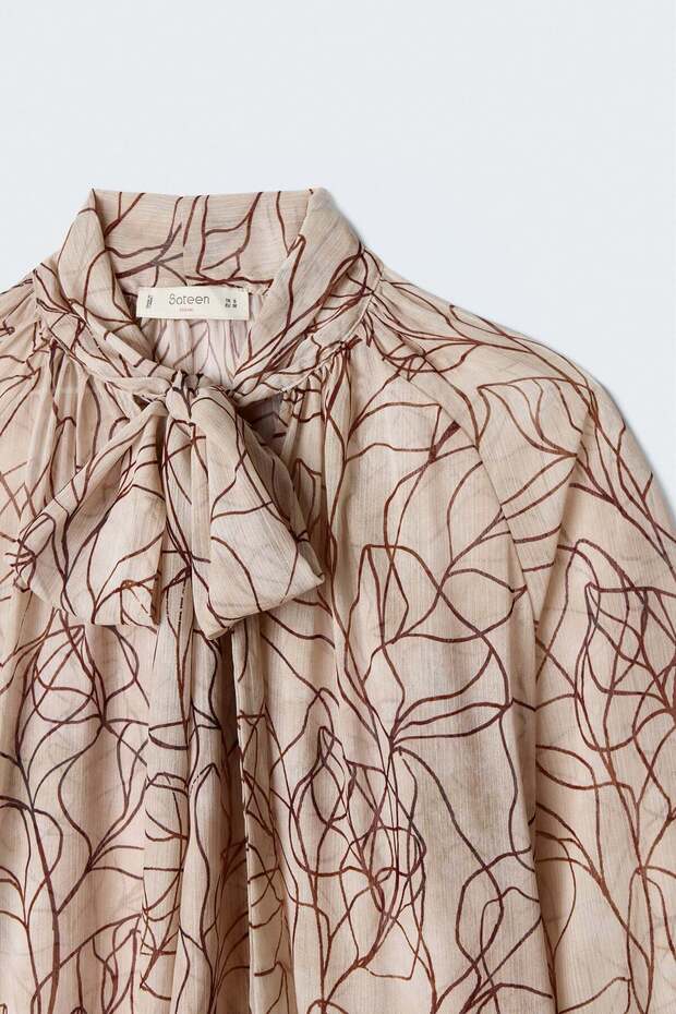 Patterned Scarf Blouse - Brown - 5