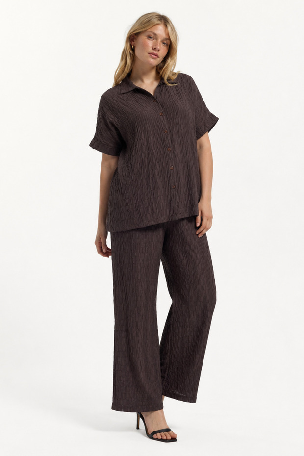 Women's Textured Patterned Wrinkled Fabric Shirt and Pants Two-Piece Set