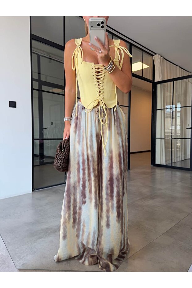 Shorts with Lining, Draped Patterned Pants, Brown
