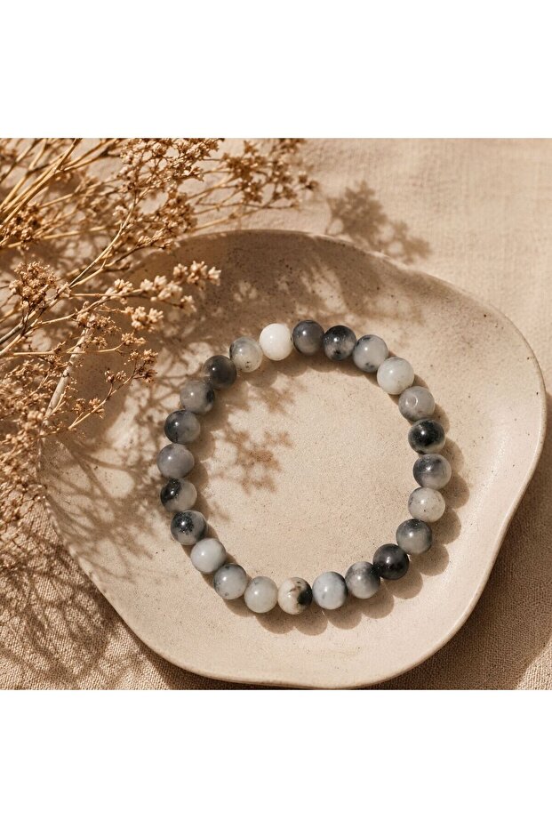 Blk-3047 White Gray Jade Stone Elastic Men's Bracelet | Eos Collective