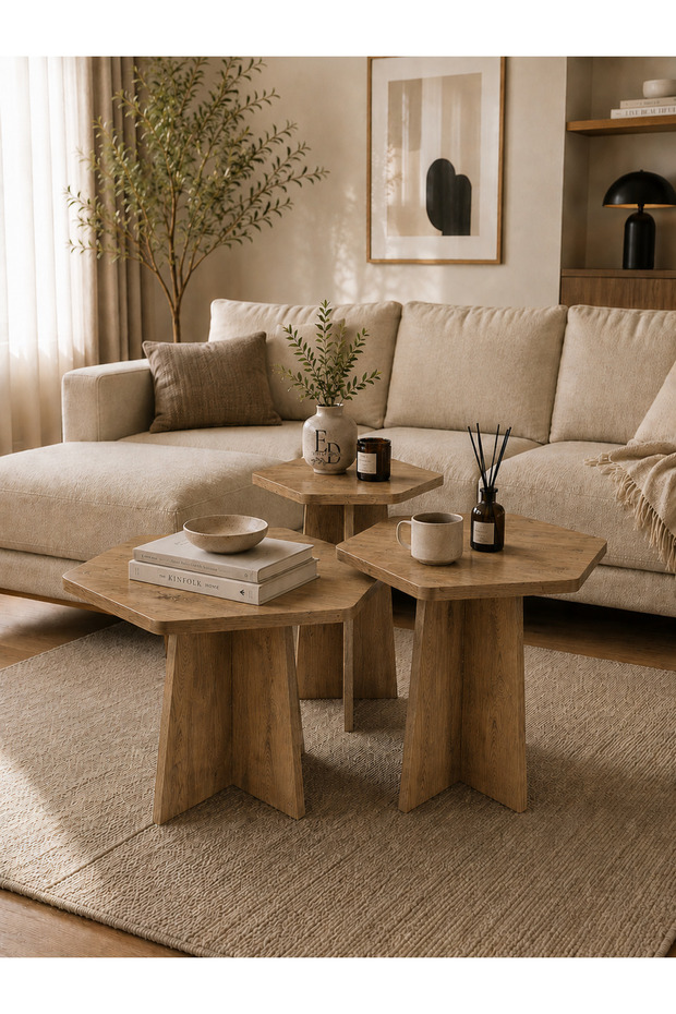 Zigon Coffee Table, Mushroom Hexagonal 3-Piece Zigon Coffee Table, Center Table Set, Atlantic Pine Top