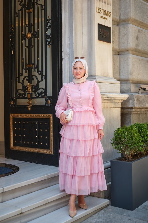 Women's Skirt with Layered Ruffle Detail, Beads and Gold Buttons, Lined Tulle Set in Powder Color
