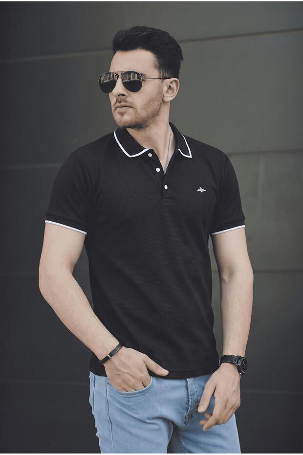 Lufy Snap Fastener Men's Textured Polo Collar T-Shirt - Stripe Detail