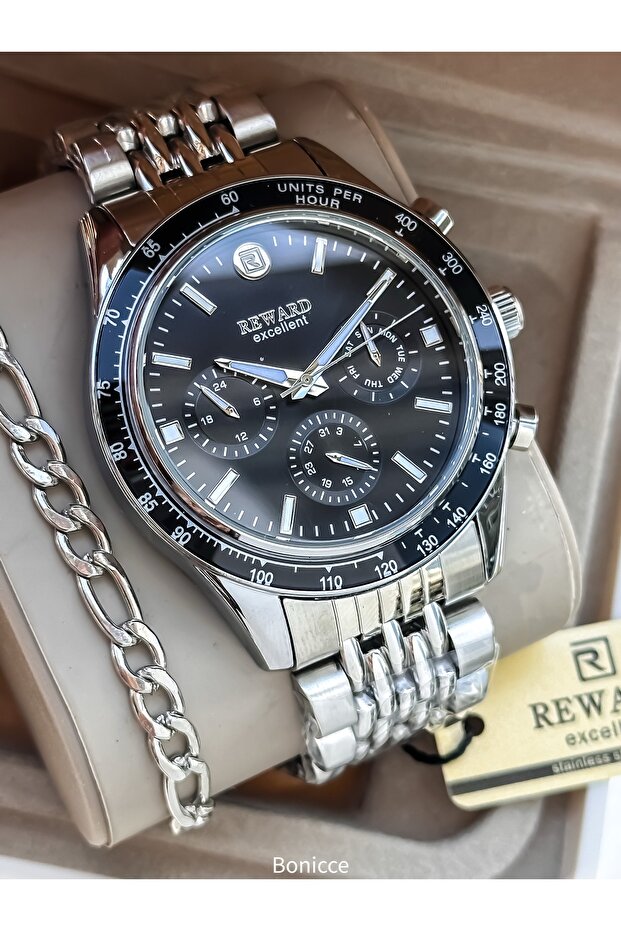 Functions Active, in Stylish Box, Silver Steel Cord, Black Dial, Men's Wristwatch with Calendar + Chain Bracelet