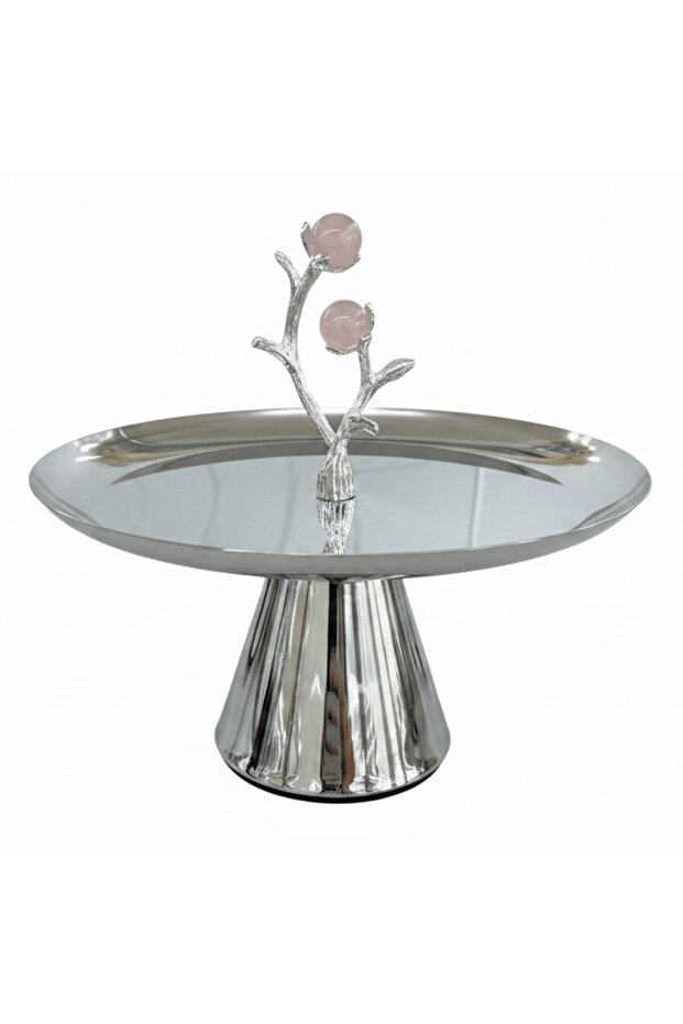 Silver Stainless Steel Footed Candy & Sweets Tray with Rose Quartz Ball Tree 14×24 cm