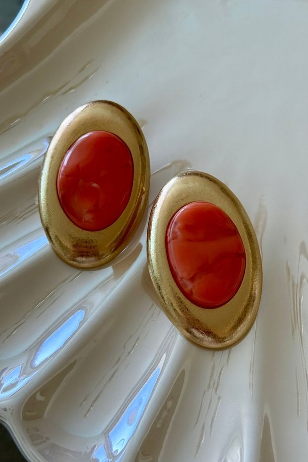 Orange Stone Matte Colored Oval Bohemian Earrings