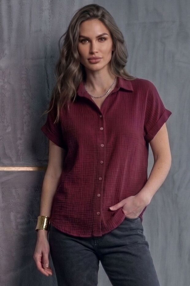 Women's Muslin Collared Full Button Shirt Burgundy