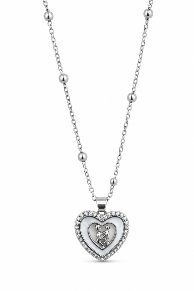 Mother Child Figured Heart Necklace with Stones in Gray Color Special Design Gift Necklace