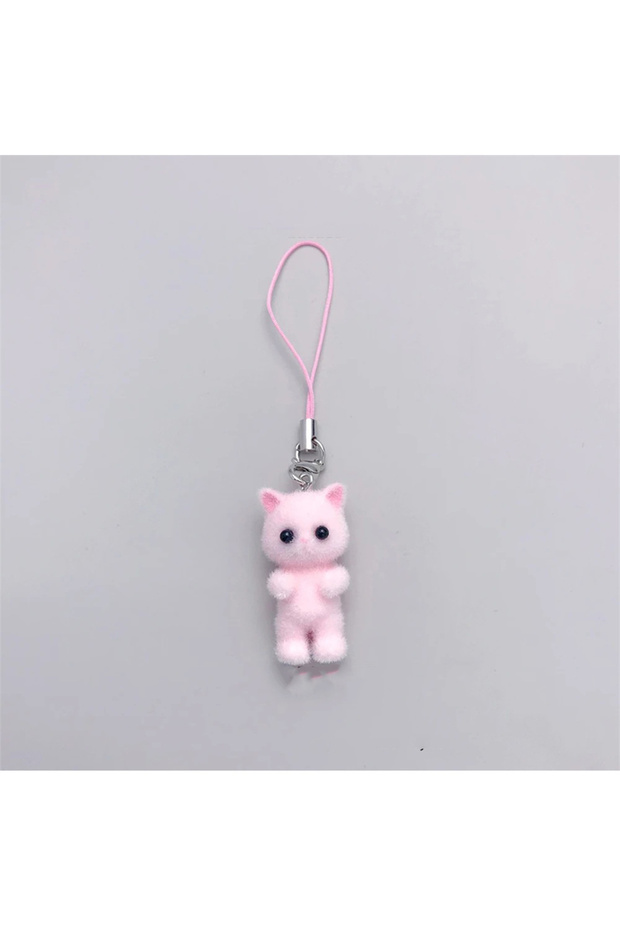 pink Cute Plush Resin Cat Pendant Keychain For Women Simple Design Phone Rope Chain Lovely Animal Ba