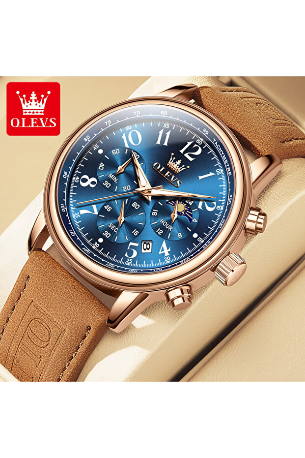 rose blue OLEVS 2912 Mens Watch Original Quartz Watch Waterproof Luminous Multifunctional Chronograp