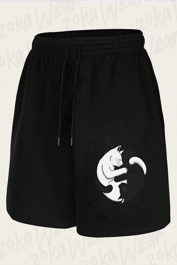 Unisex Ying Yang Cat Design Printed Shorts