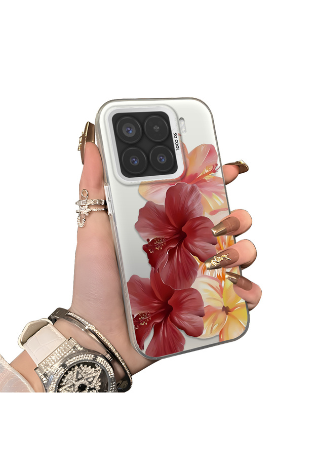 Mi 15 5g Compatible Silicone Edge Hard Back Case Couple Phone Case with Floral Pattern