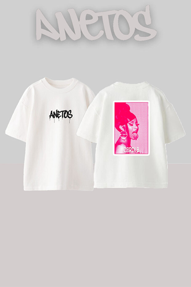 Cardi B_66 Design Printed Oversize White T-Shirt