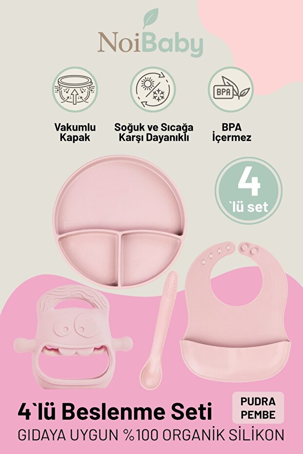 Silicone Plate with Vacuum Compartment, Spoon, Bib, and Teether 4-Piece Blw Set - Pink