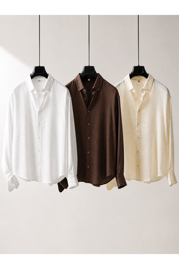 3-Pack Men's 100% Linen Shirt with Buttoned Collar, Regular Fit, Comfortable Cut, Muslin Shirt