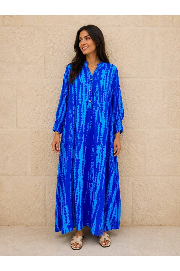 Women's Patterned Long Sleeve Viscose Fabric 3-Button Dress 40-46