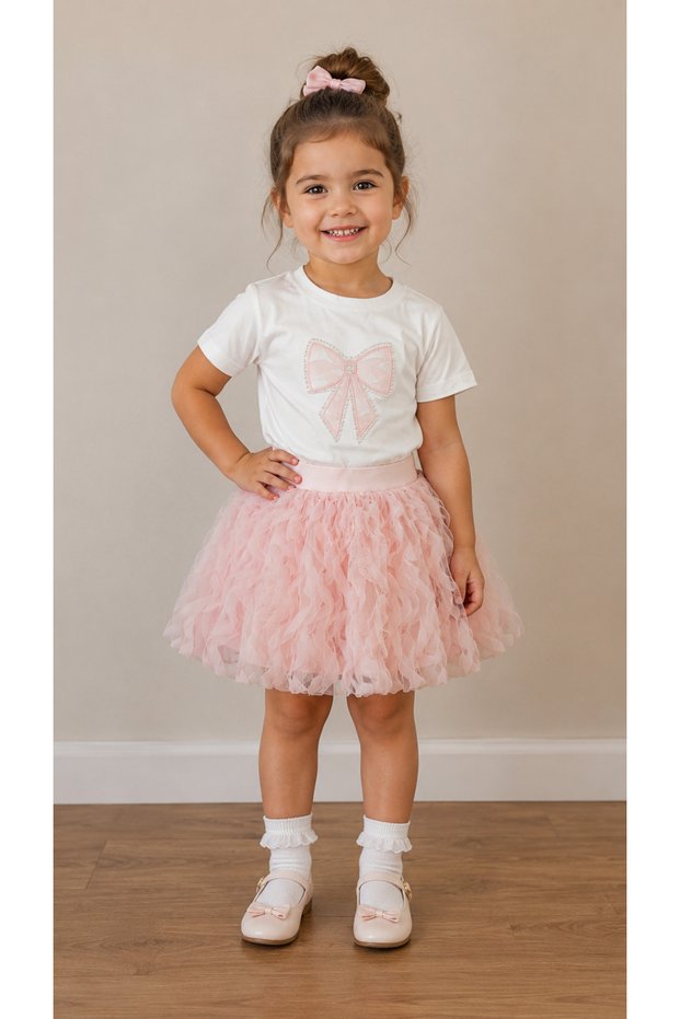 Girl's Bow Detailed T-Shirt & Appliqued Balloon Skirt Two-Piece Set
