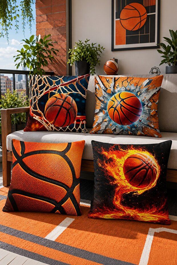 Basketball Themed Patterned 4-Piece Throw Pillow Cover Set