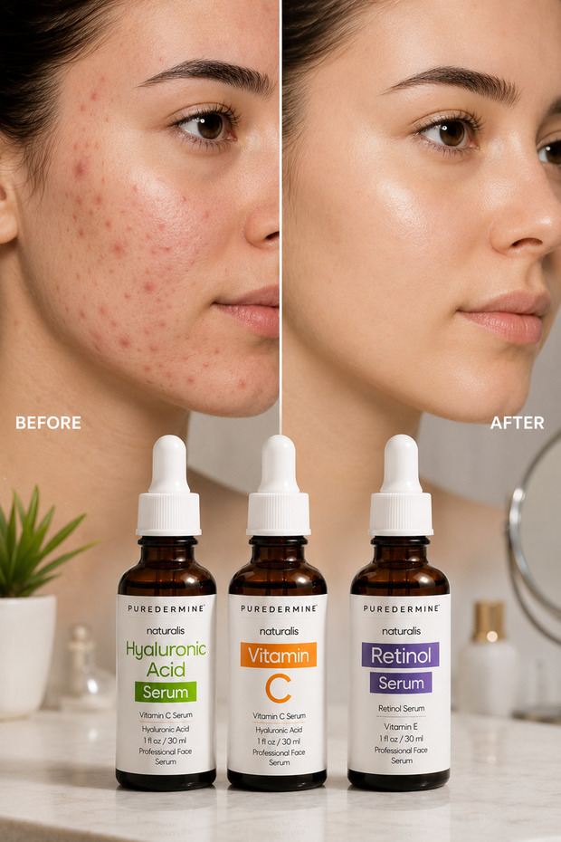 Hyaluronic Acid + Vitamin C + Retinol Serum 3-Pack – Professional Skincare to Help Reduce the Appearance of Blemishes, Brighten Skin, Hydrate, and Support Fine Lines