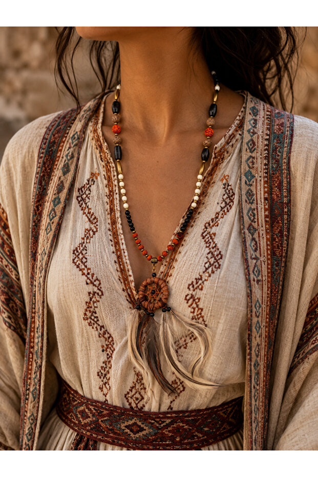Nayara Bohemian Dreamcatcher Feathered Natural Stone Necklace