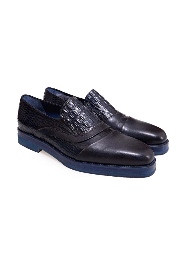 Dark Blue Color Laceless Genuine Leather Men's Shoes