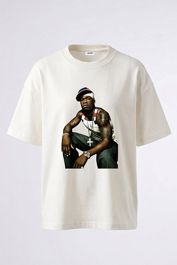 تي شيرت أبيض كبير الحجم مطبوع بتصميم 50 Cent_14 للجنسين