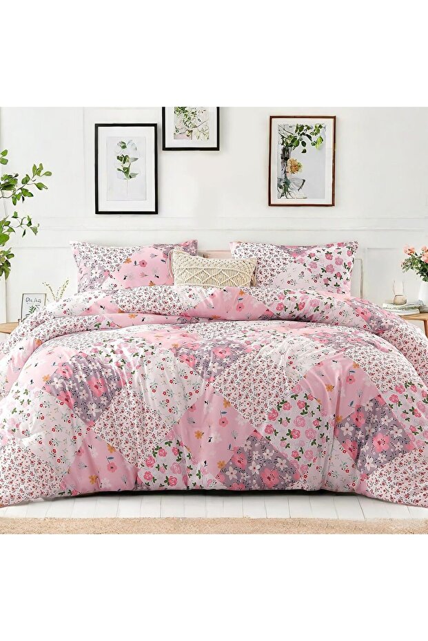 7.5 Tog Double Duvet Set, Soft Reversible Coverless Comforter Set with 2 Pillowcases, Pink