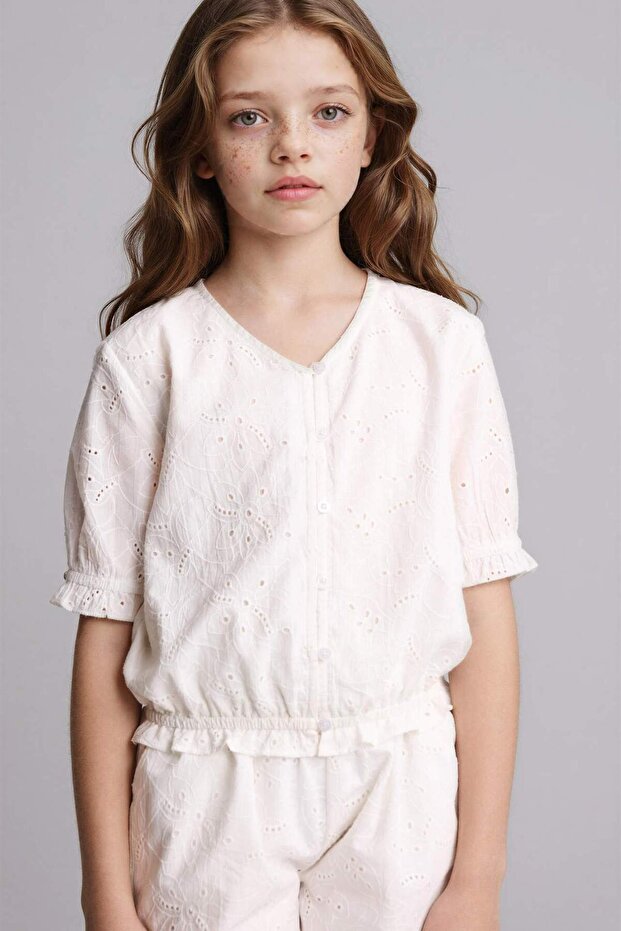 100% Cotton Brode Short Sleeve White Blouse Girls G0896A826Hs