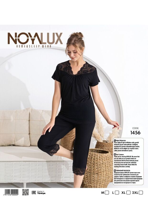 Women's Viscose Fabric Lace Detailed Capri Pajama Set