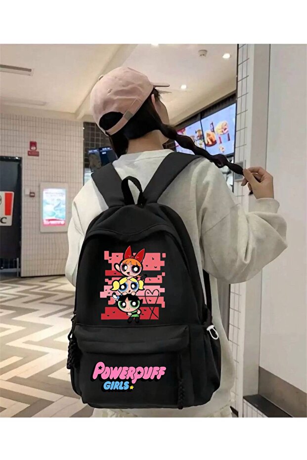 حقيبة ظهر مدرسية مطبوعة باللون الأسود من Powerpuff Girl