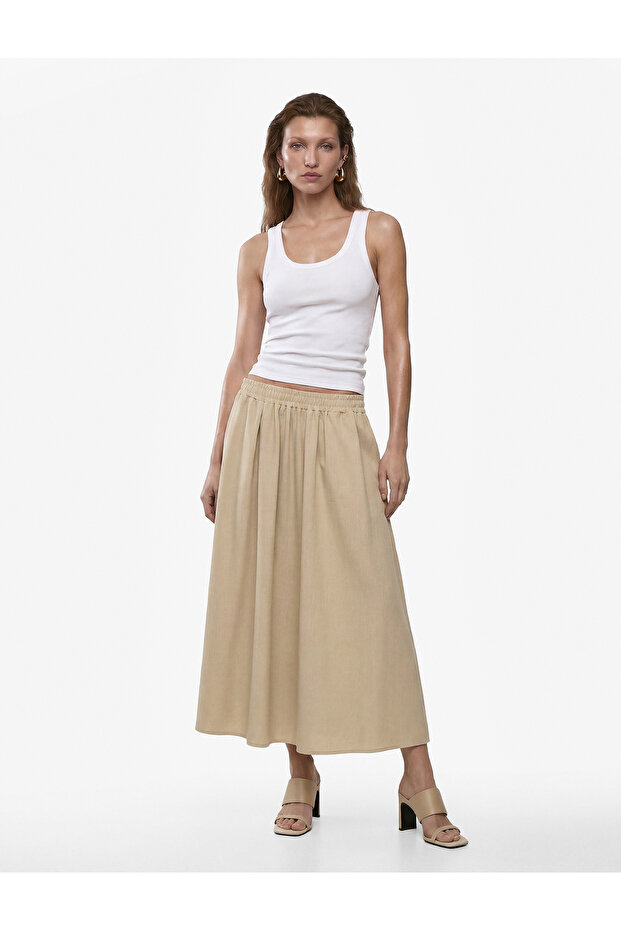 Linen Look Loose Fit Flared Skirt with Elastic Waist