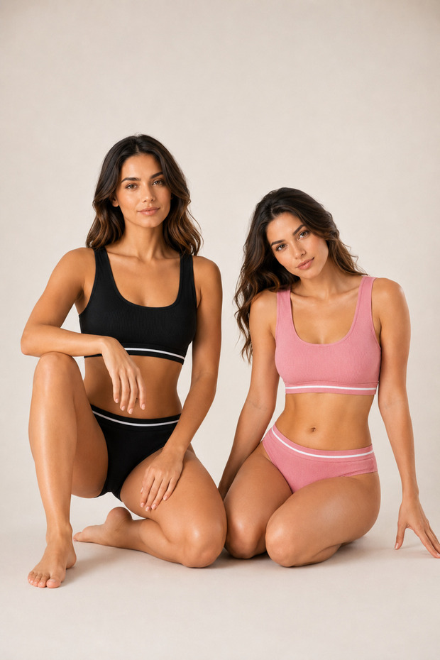 Women's 95% Cotton 2-Piece Ribbed Padded Bralet & Panties Underwear Set