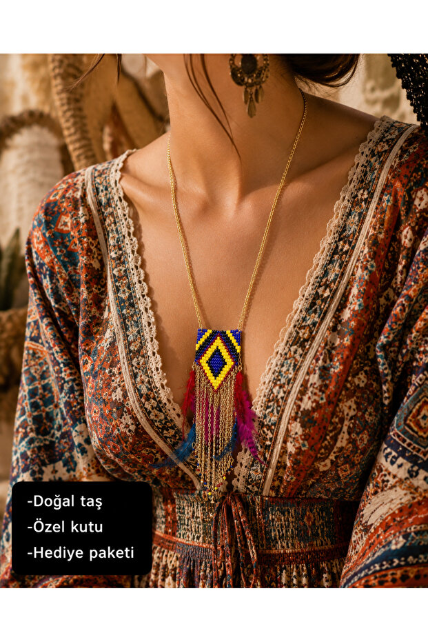 Azura Nomad Bohemian Handmade Beaded Feathered Long Necklace I Stylish Jewelry Accessory