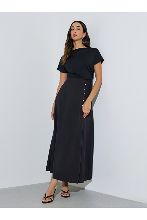 Black Pearl Detail A-Line Maxi Skirt