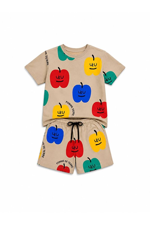 Boy's Apple Printed Shorts Set Summer Short Sleeve T-Shirt Elastic Waist Shorts 2-Piece Set