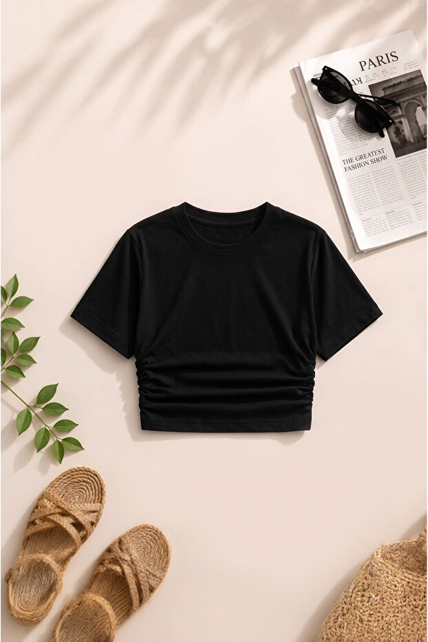 Women's Black Crop Blouse Crew Neck Short Sleeve Casual Basic T-Shirt